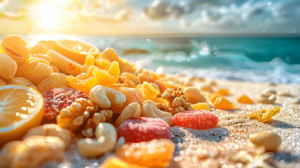 Wall Mural - Photo realistic depiction of healthy snacks for the beach with glossy backdrop, showcasing refreshing and convenient options for seaside snacking   High resolution image in Photo S