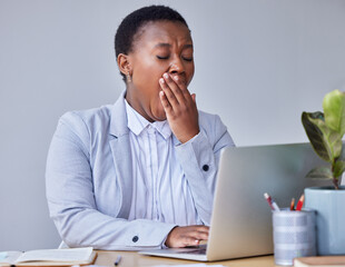 Poster - Business, tired and black woman with burnout, yawning and laptop with deadline, overworked or low energy. African person, events planner or entrepreneur with pc, exhausted or fatigue in modern office