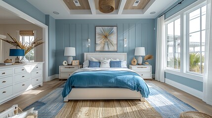 Poster - A hyper-realistic coastal beach bedroom, light blue and sandy beige color scheme, nautical decor, white bed frame with ocean blue linens, large windows with beach views.