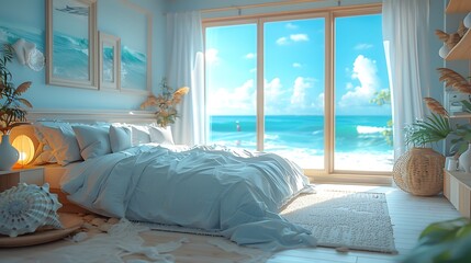 Wall Mural - A hyper-realistic coastal beach bedroom, light-filled room with ocean-inspired blues and sandy tones, seashell and driftwood accents, white bed frame with light blue linens.