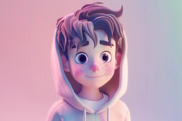 Wall Mural - 3d illustration of cute boy wearing hoodie cartoon character pastel background