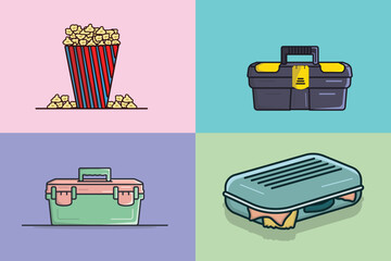 Wall Mural - Collection of home objects vector illustration. popcorn, repairing toolbox, and lunch box icon design.