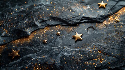 Wall Mural - Luxurious theme with gold stars over a dark marble surface