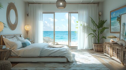 Wall Mural - A hyper-realistic coastal beach bedroom, white walls, ocean blue and sandy tones, seashell decor, light wood furniture, large windows with views of the beach, soft natural light.
