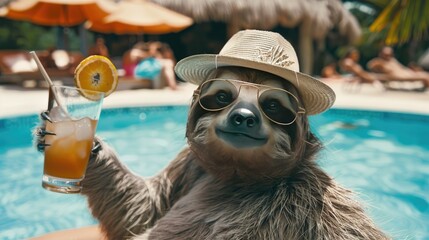 Wall Mural - a sloth in a hat drinks a cocktail on the background of a swimming pool. Selective focus