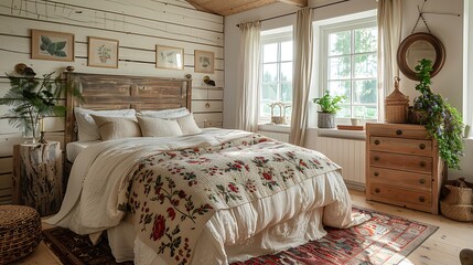 Wall Mural - A hyper-realistic farmhouse chic bedroom, shiplap walls painted white, vintage quilt with floral patterns, reclaimed barn wood bed, rustic wooden dresser, large windows with sheer curtains.