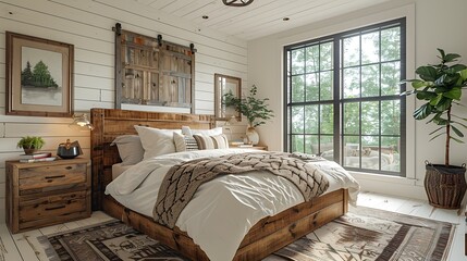Wall Mural - A hyper-realistic farmhouse chic bedroom, white shiplap walls, antique quilt on a repurposed barn wood bed frame, rustic wooden nightstands, large windows with natural light.