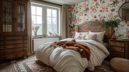 Wall Mural - A hyper-realistic French country bedroom, vintage floral wallpaper in soft pastel colors, antique wooden bed with white linens, distressed wood dresser.