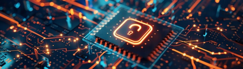 A surreal representation of a circuit board with a central microchip showing a glowing lock icon made of light and abstract shapes The background features a mix of floating geometr