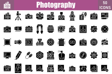 Sticker - Set of 50 Photography glyph icons set. Workshop outline icons with editable stroke collection. Include Compact Camera, Dslr Camera, Top View, Instant Camera, Film Camera, Led Light