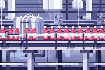 Wall Mural - beverage bottling line in clean factory plastic bottles on conveyor belt industrial production illustration