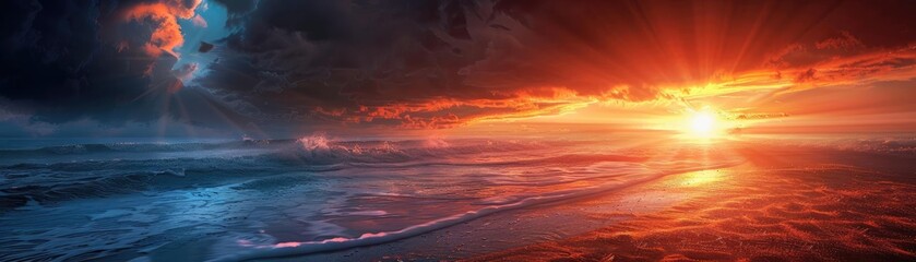 Wall Mural - Stunning panoramic view of a dramatic sunset over a stormy ocean, with vibrant colors and clouds contrasting against the horizon.