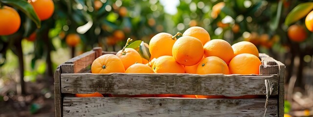 Wall Mural - fresh oranges in a wooden box in the gardens. selective focus. Generative AI,