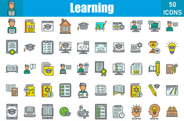 Poster - Set of 50 Learning line filled icons set. Workshop outline icons with editable stroke collection. Include read, exam, study, checklist, elearning, campus