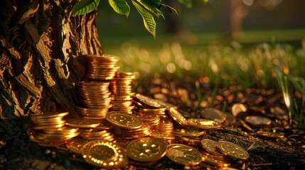 Poster - Stacks of gold coins piled around the base of a tree in a lush, green landscape, symbolizing wealth, prosperity, and financial growth.