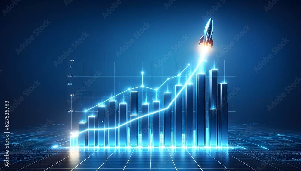 a digital blue bar graph with an upward trend. A futuristic rocket is ...