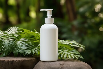 Stylish shampoo stand, small white bottle in the center against a background of lush greenery