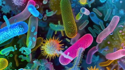 Wall Mural - Microscopic image of bacteria with a variety of shapes and vivid colors Ideal for use in scientific research