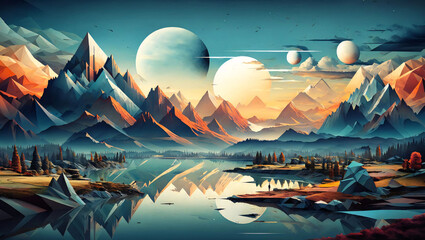 Geometric shapes morphing into a landscape scene