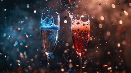 Wall Mural - Clinking champagne glasses with stars confetti glitter inside, in red and blue colors. Festive background for 4th of July (Independence day) holiday in United States of America.