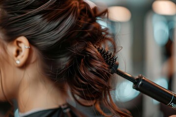 closeup of professional hairdresser creating stylish hairstyle for client in modern salon candid photography