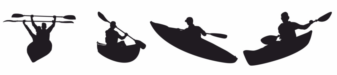 set of kayaking silhouette. Water sports, transport and adventure isolated on white background.