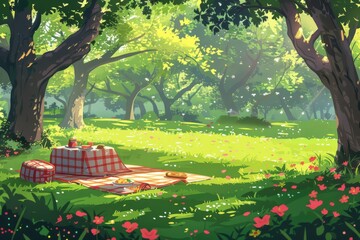 Picturesque picnic setting under a tree at sunset, capturing the warm and inviting atmosphere of summer evenings