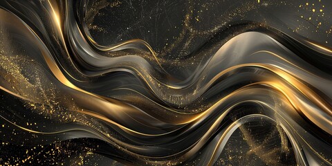 Poster - Abstract wavy lines in gold and black with glitter.