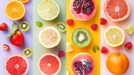 Wall Mural - A colorful assortment of fruits including oranges, kiwis, and strawberries