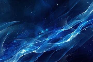 Poster - Abstract digital art background with cosmic waves, stars, and flowing particles in a dark blue ethereal space