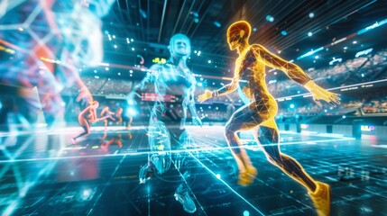 Wall Mural - A high-energy visual of a mixed-reality sports event, combining physical and digital elements in a futuristic setting --ar 16:9 --style raw Job ID: 203adfab-e617-4dec-9681-8f1e339ba7b1