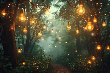 enchanting forest illuminated by glowing light bulbs hanging from trees magical fairy tale concept digital art
