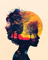 Poster - Double exposure silhouette art of two faces with trees and nature elements, blending human and natural beauty in vibrant colors.