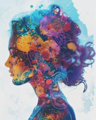 Poster - Colorful artistic silhouette of a woman with floral and abstract elements, blending nature and creativity in vibrant hues.
