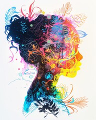 Poster - Vibrant artistic silhouette of a woman filled with colorful floral and abstract patterns, highlighting beauty and creativity.