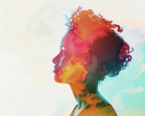Poster - Double exposure of a woman's silhouette with colorful abstract cloud patterns, symbolizing creativity and imagination.