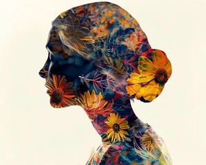 Poster - Artistic double exposure portrait of a woman's silhouette blended with vibrant flowers on a neutral background.