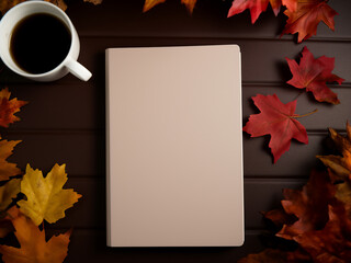 Wall Mural - Autumn composition features coffee, notebook, and maple leaves on brown