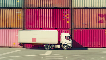 Wall Mural - A white truck is driving down a road next to a row of red containers by AI generated image