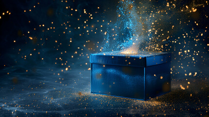Blue box with magic golden light on dark, generative AI