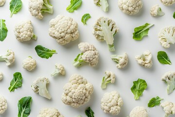 fresh raw cauliflower florets arranged in seamless pattern on clean white background food photography