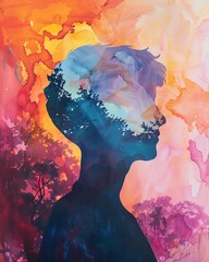 Poster - Abstract watercolor painting of a silhouette with nature elements blending into vibrant colors. Surreal and dreamlike artistic expression.