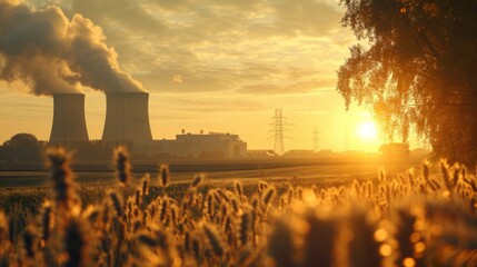 A nuclear power plant bathed in the golden light of sunrise, with cooling towers and steam, in a beautiful, atmospheric landscape. --ar 16:9 --style raw Job ID: 217c3f1b-eefb-41b9-aead-bd81dcc1df5c