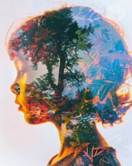 Poster - Surreal double exposure portrait of a child with vibrant nature elements, merging human and environment seamlessly.