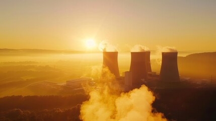 Wall Mural - A nuclear power plant bathed in the golden light of sunrise, with cooling towers and steam, in a beautiful, atmospheric landscape. --ar 16:9 --style raw Job ID: 217c3f1b-eefb-41b9-aead-bd81dcc1df5c