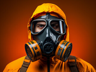 Wall Mural - Disinfectant professional, close-up, in gas mask, highlighting quarantine measures