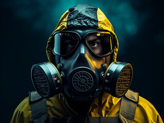 Wall Mural - Professional disinfectant, close-up, donning gas mask, emphasizing quarantine rules