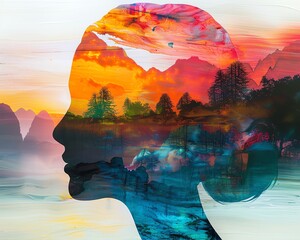 Poster - Silhouette of woman with a double exposure of a vibrant landscape, blending nature and human form in a striking visual representation.
