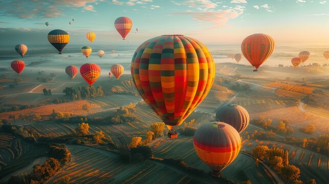 Create an aerial view of a balloon field stock photo in a digital illustration style. Emphasize the geometric patterns formed by the balloons and fields below, using a limited color palette and