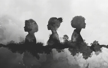 Artistic black and white portrait of three women in profile, featuring abstract watercolor and ink splashes.